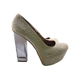 NEW Qupid Womens Embroidered Off White Platform Lace Lucite Chunky Heels 10